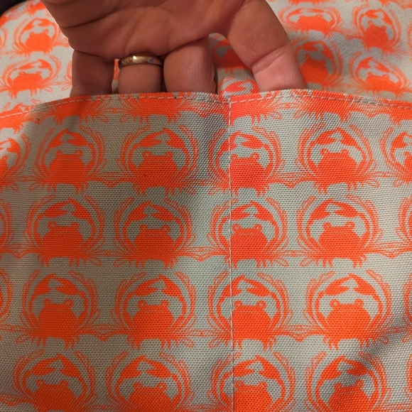 Sarah Watts crabby orange pattern messenger bag with blue leather strap - Picture 5 of 15